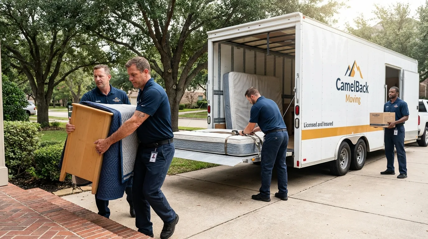 Crew loading residential truck for cross-state move from Junction, TX