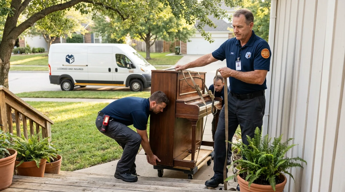 Licensed piano movers securing grand piano in Junction, TX