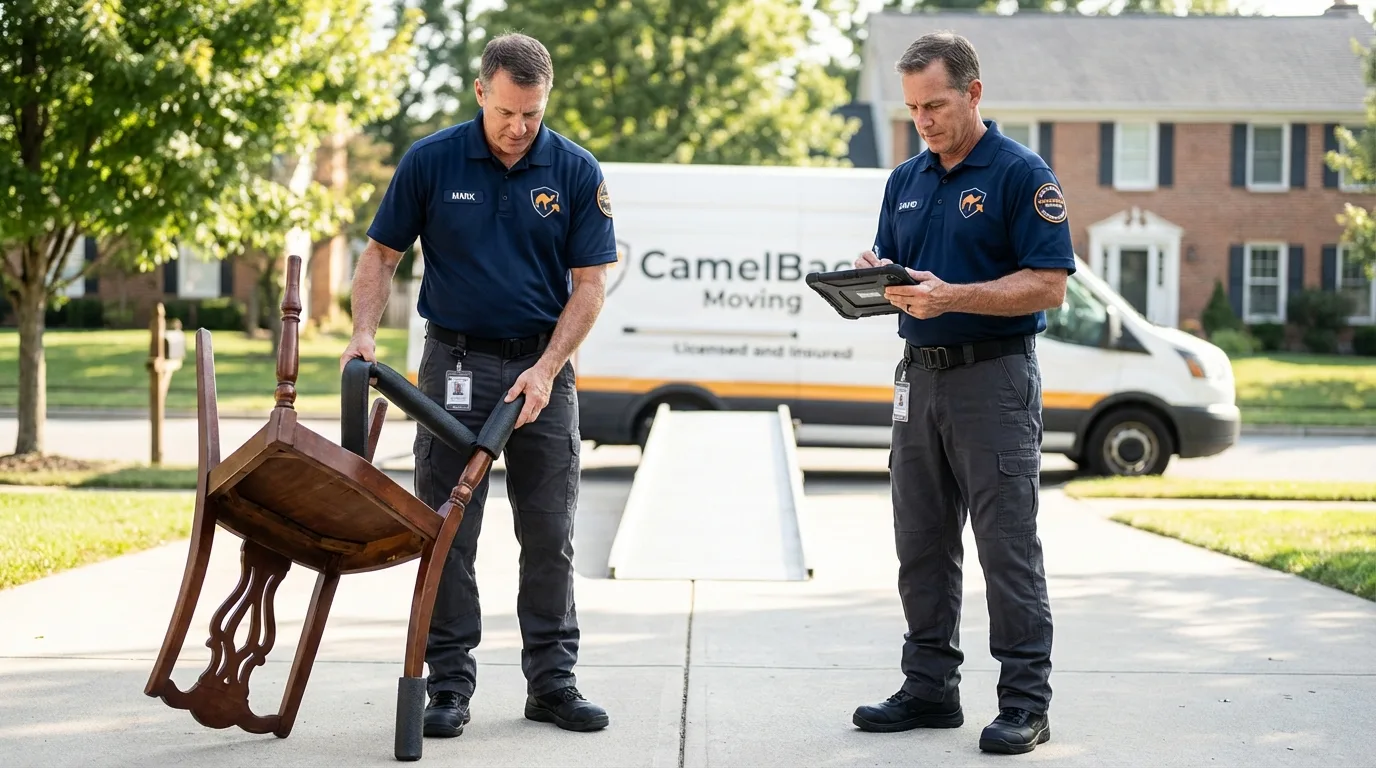 Movers inspecting furniture for damage prevention before loading in Junction, TX