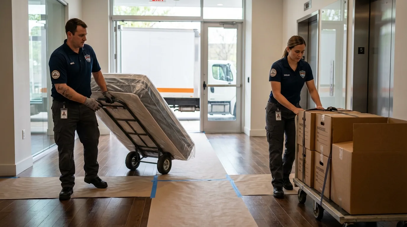 Professional apartment movers loading elevator in Junction, TX