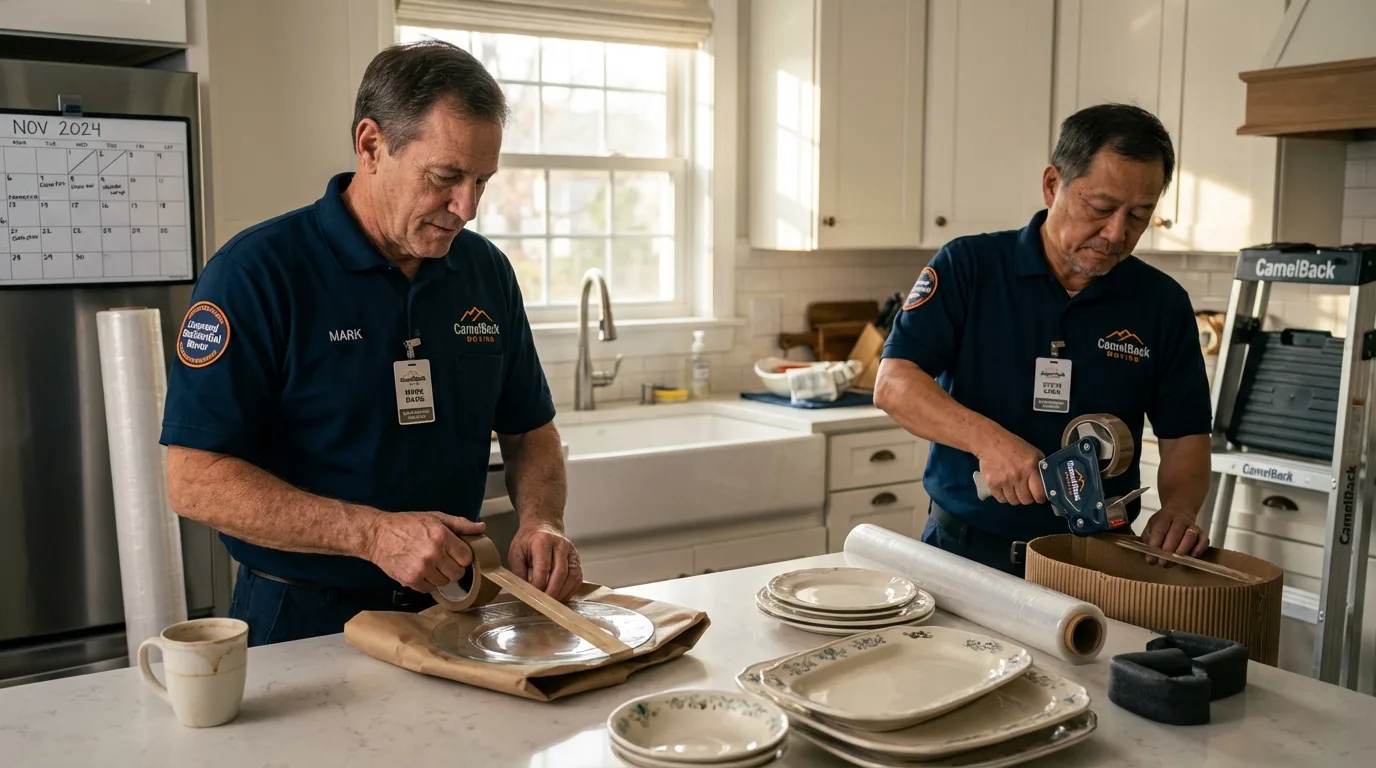 Professional crew packing kitchen dishware in Junction, TX
